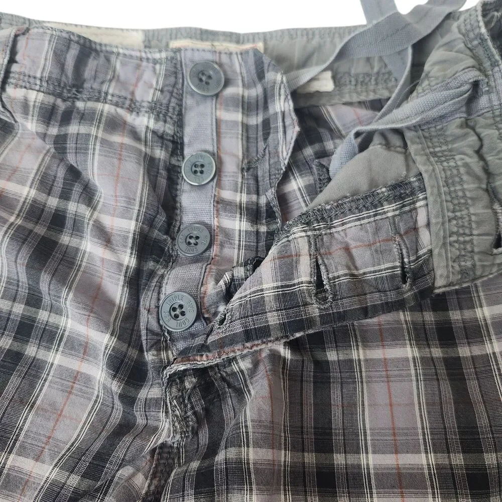 VTG 555 Soul Essentials-Gray Plaid Mens Cargo Shorts-Cinch Leg/Waist-Thrashed 36